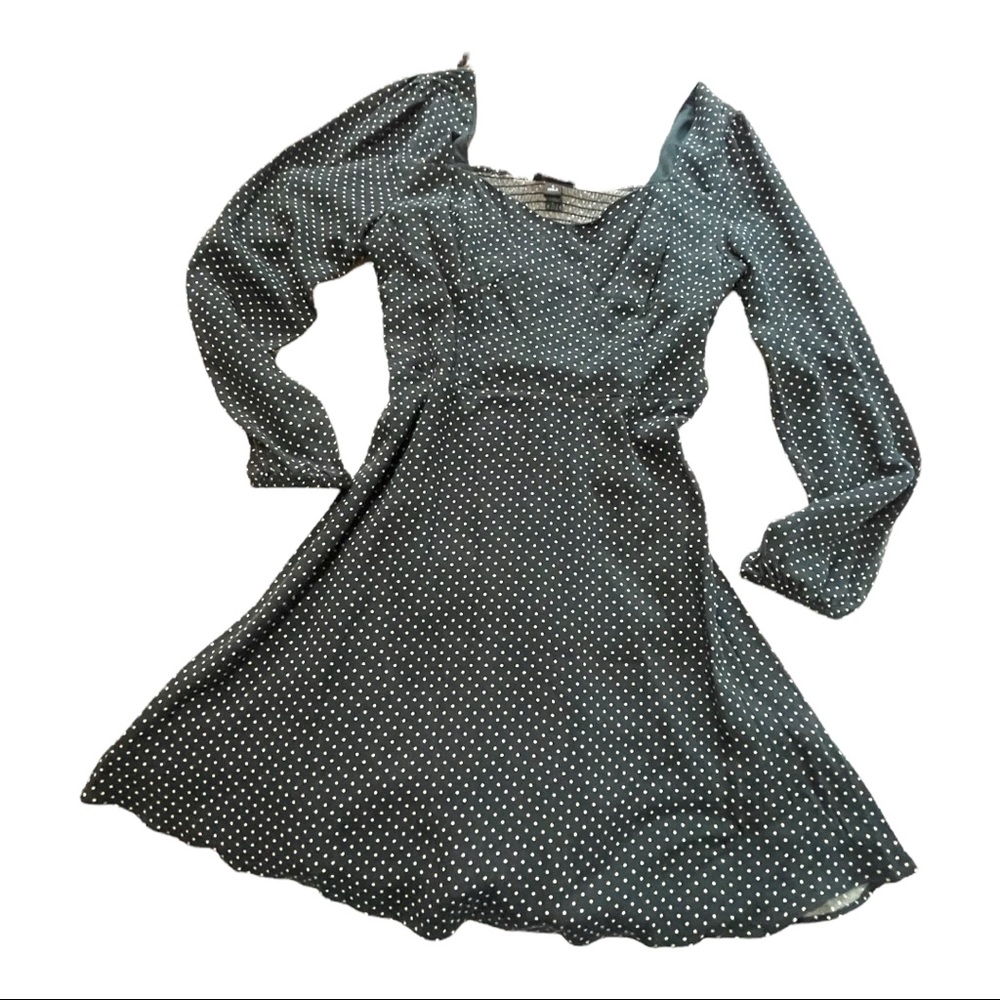 New navy with white polka dots long sleeve mini dress